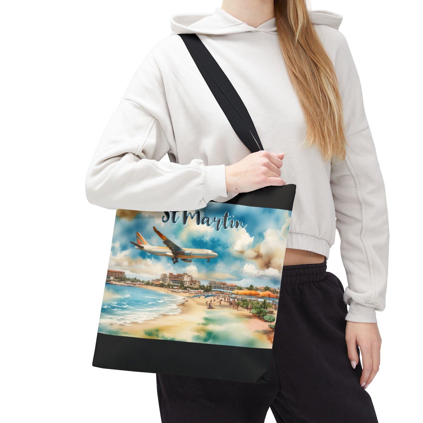 St Martin, Maho Watercolor Tote Bag (Black)