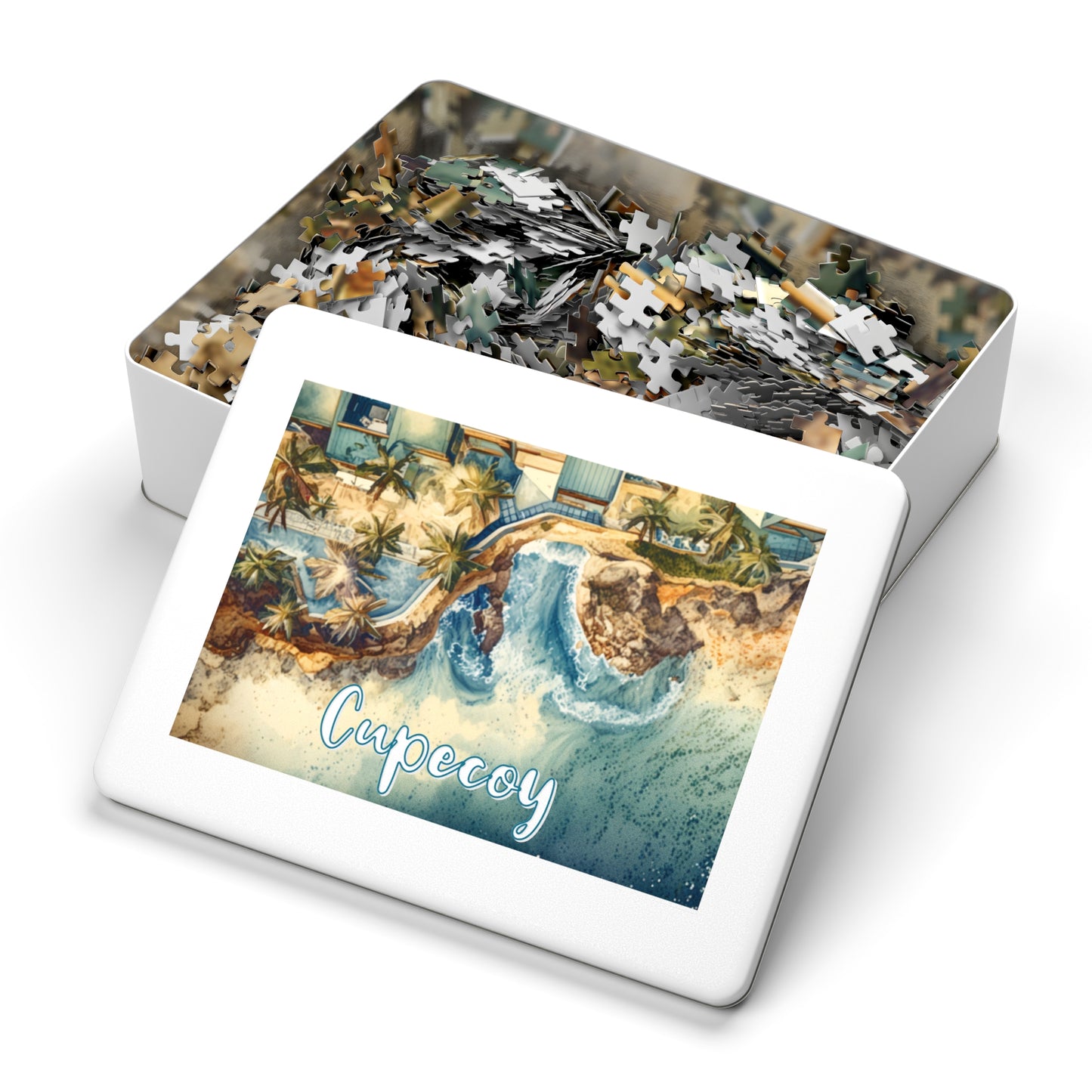 Cupecoy Watercolor Style Jigsaw Puzzle with Tin Box