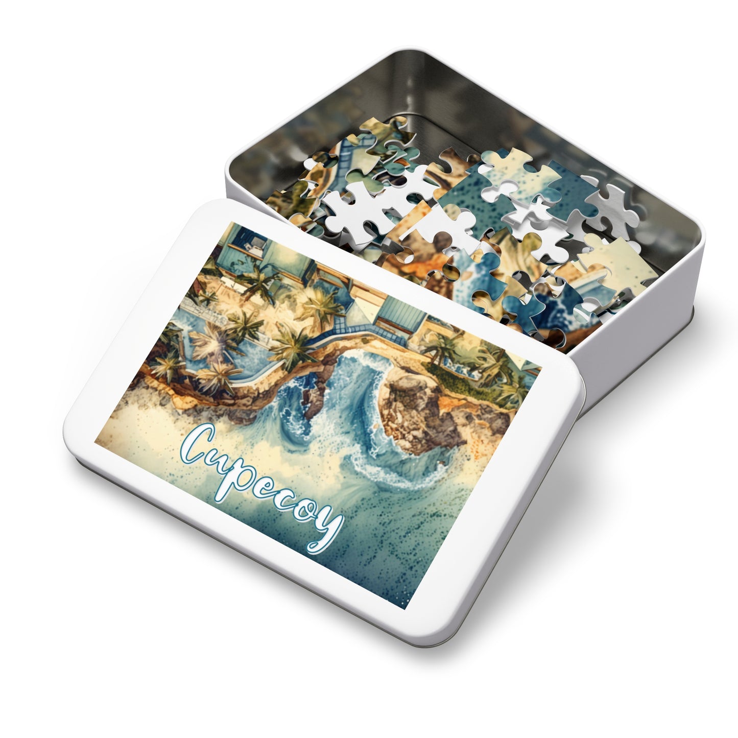 Cupecoy Watercolor Style Jigsaw Puzzle with Tin Box