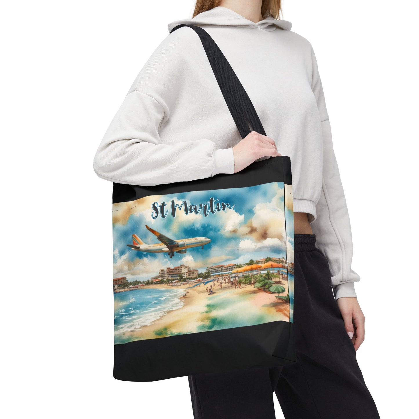 St Martin, Maho Watercolor Tote Bag (Black)