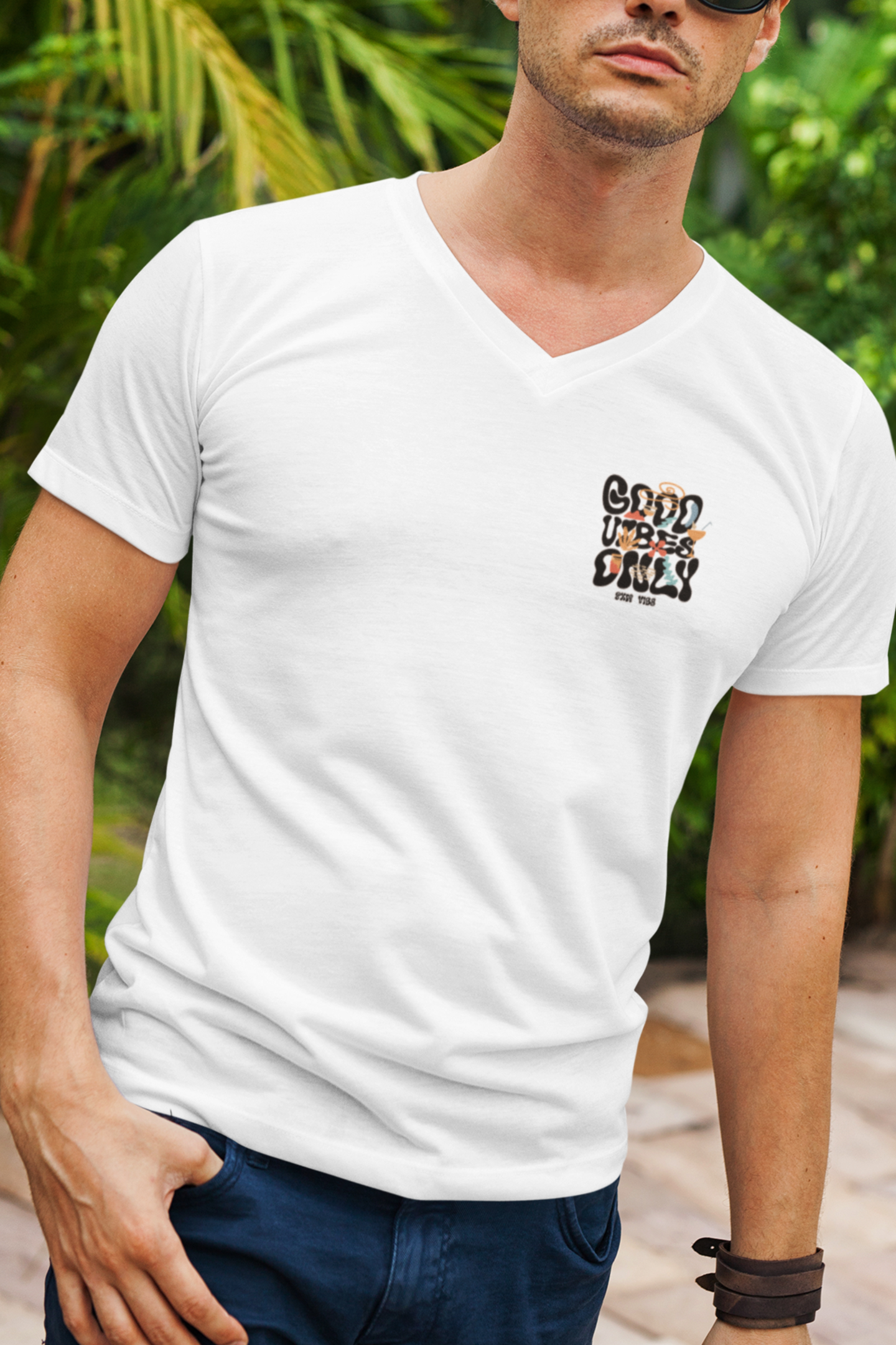 Men's Good Vibes Only V-Neck (Logo on both sides)