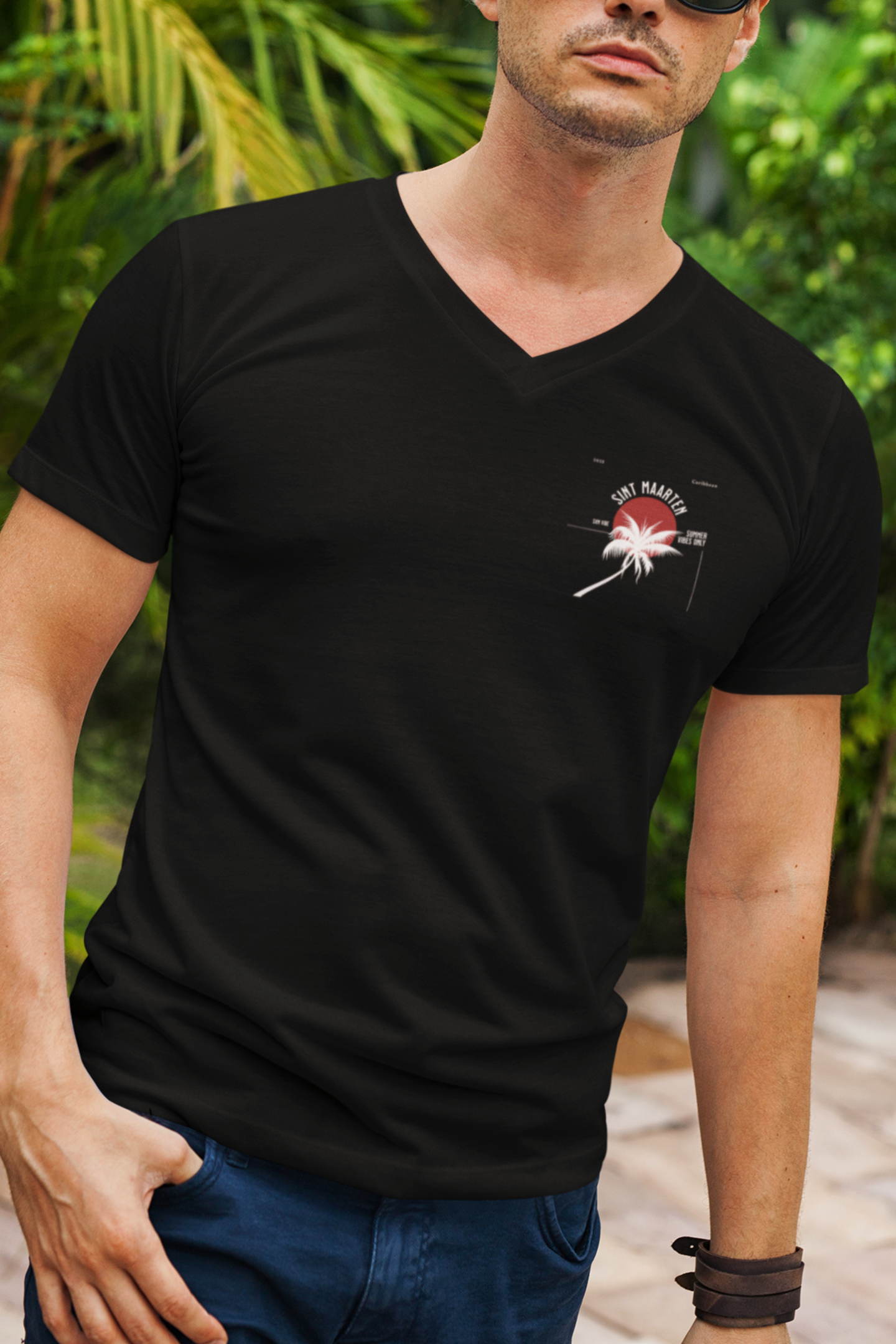 Camiseta con cuello en V y palma de Sint Maarten para hombre