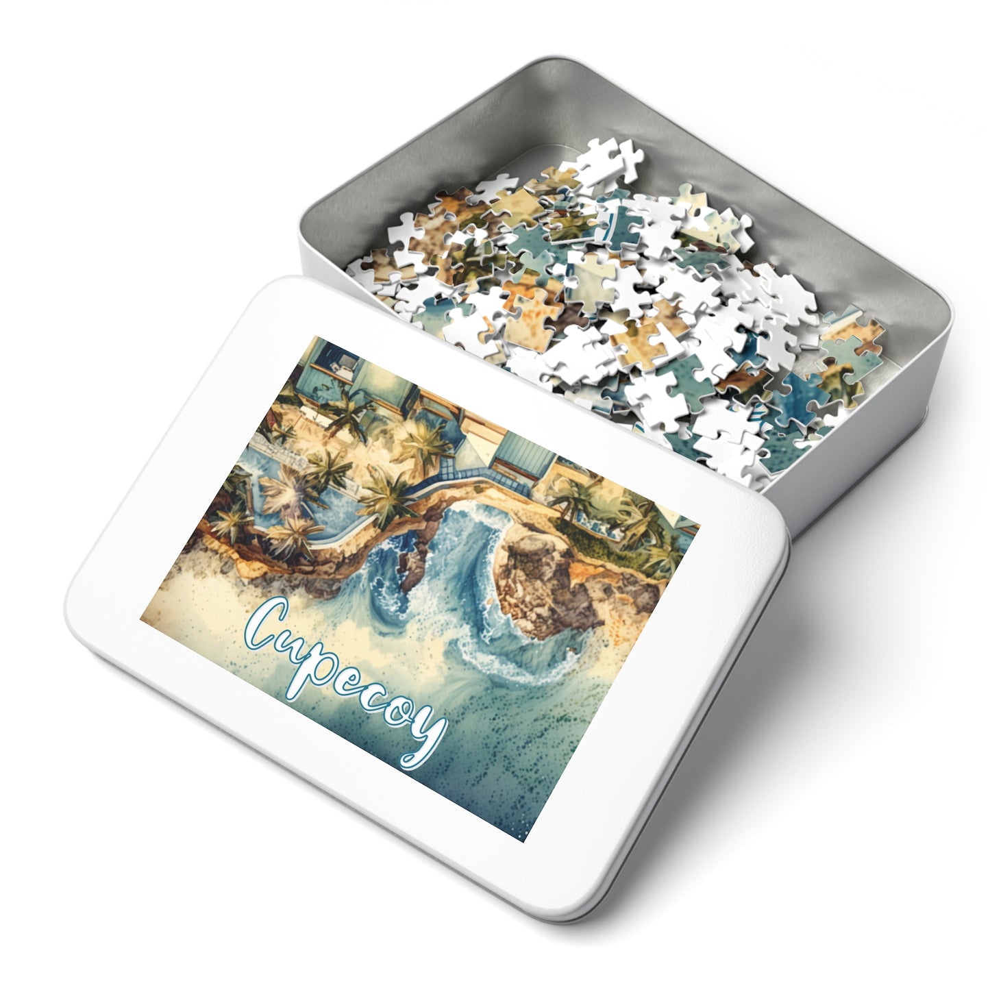 Cupecoy Watercolor Style Jigsaw Puzzle with Tin Box