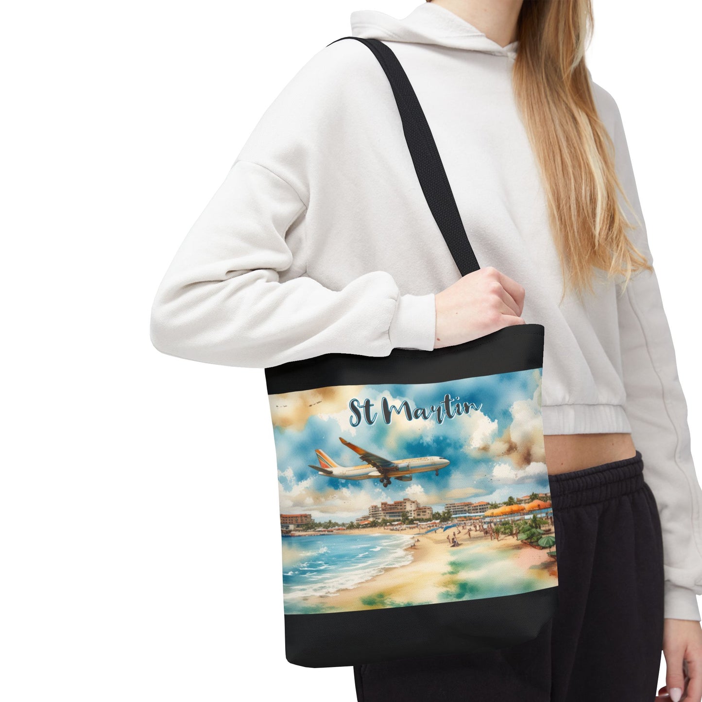 St Martin, Maho Watercolor Tote Bag (Black)