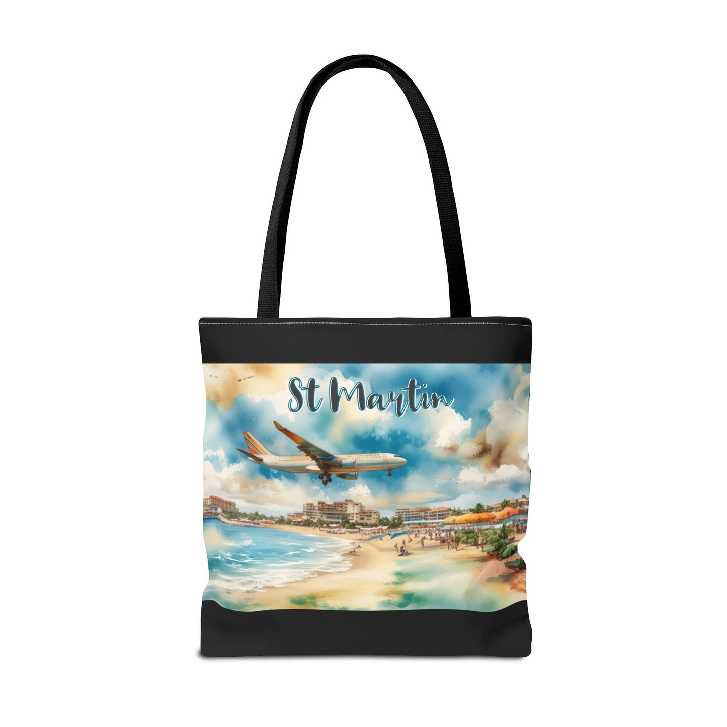 St Martin, Maho Watercolor Tote Bag (Black)