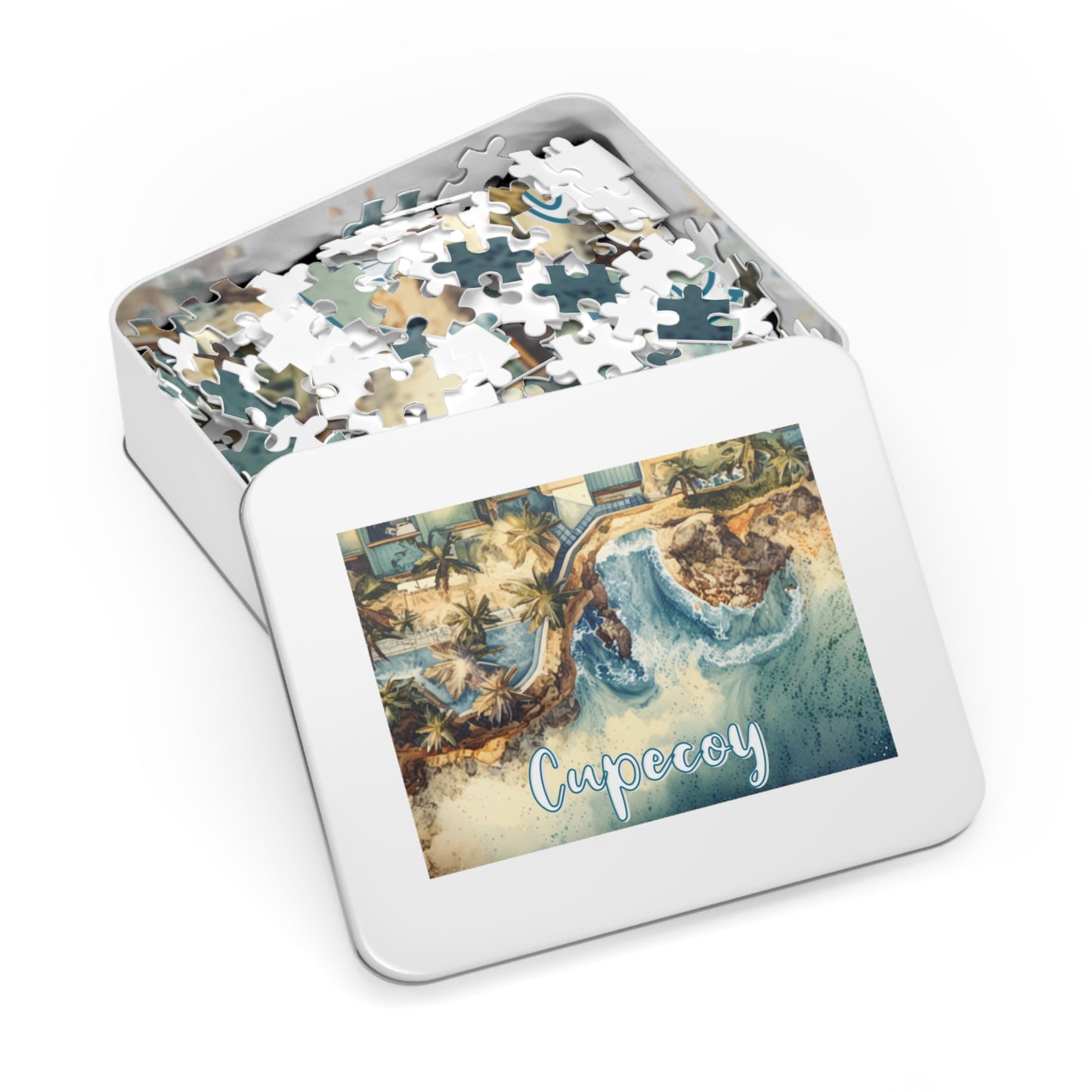 Cupecoy Watercolor Style Jigsaw Puzzle with Tin Box