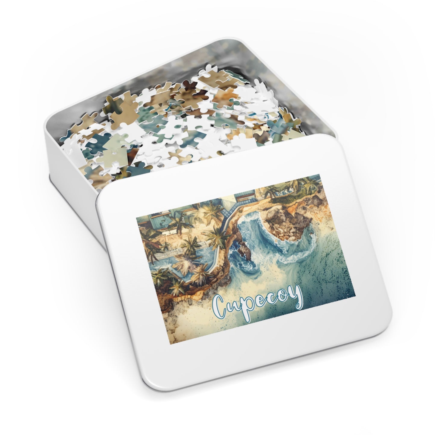 Cupecoy Watercolor Style Jigsaw Puzzle with Tin Box